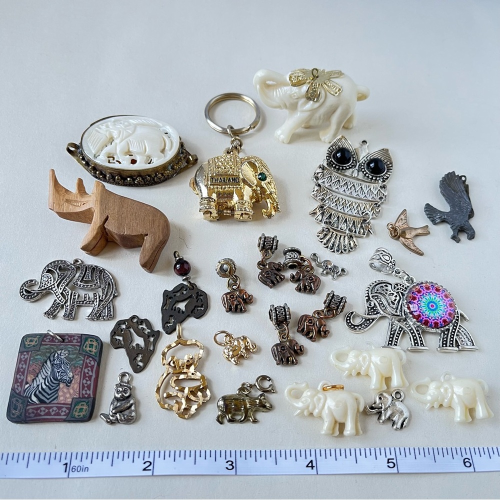 Vintage Wild Animal Charms and a keychain Elephant zebra owl koala Africa birds